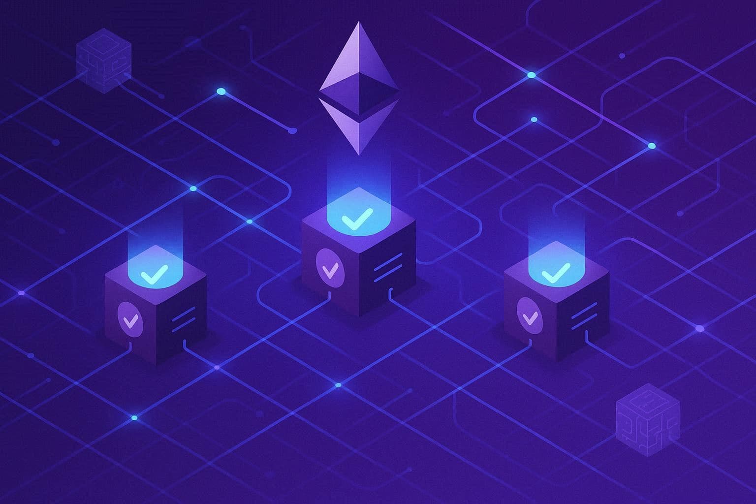 AI-generated editorial illustration of Ethereum staking validators and blockchain network infrastructure