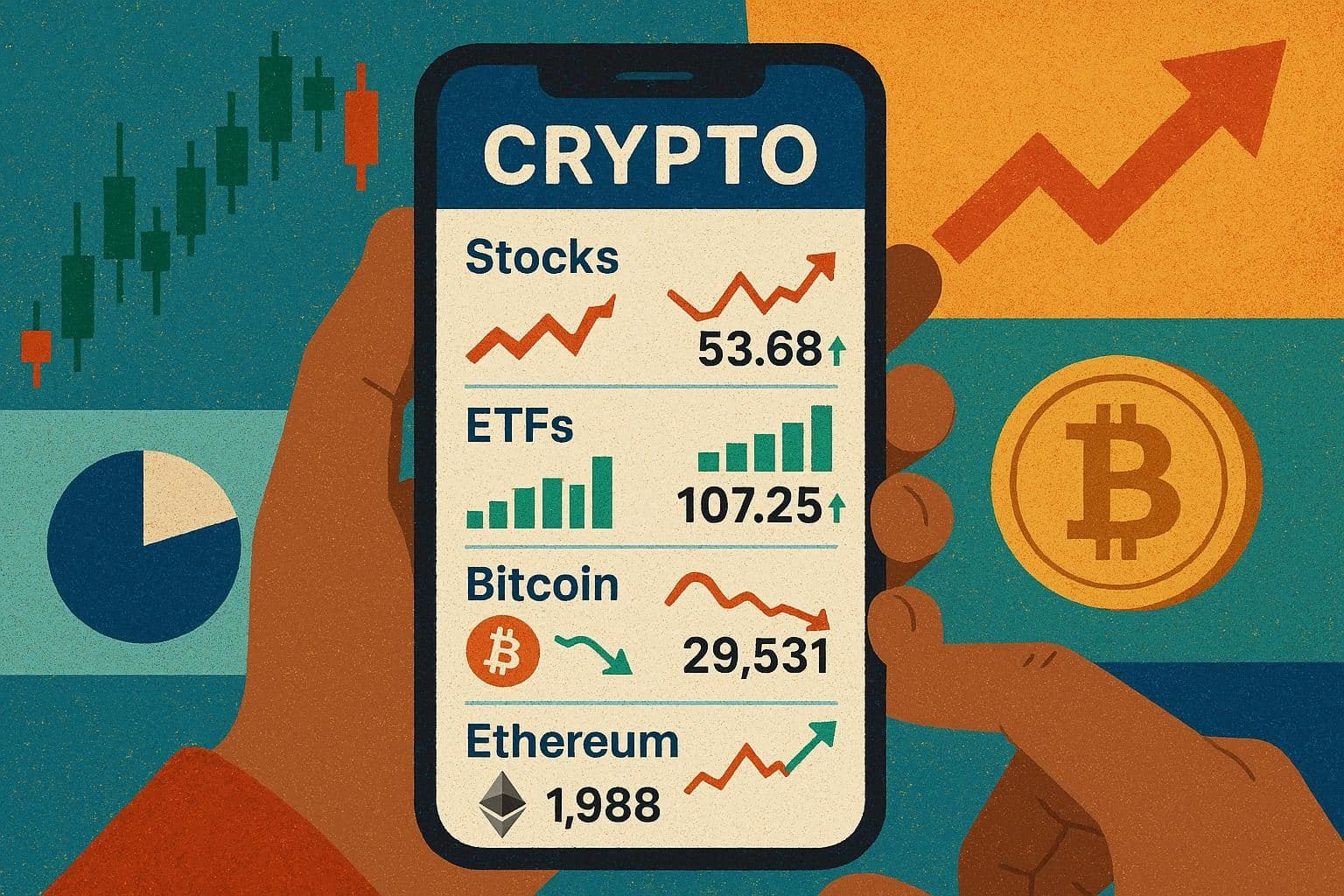 AI-generated editorial illustration of a crypto trading app showing stocks, ETFs, and digital assets