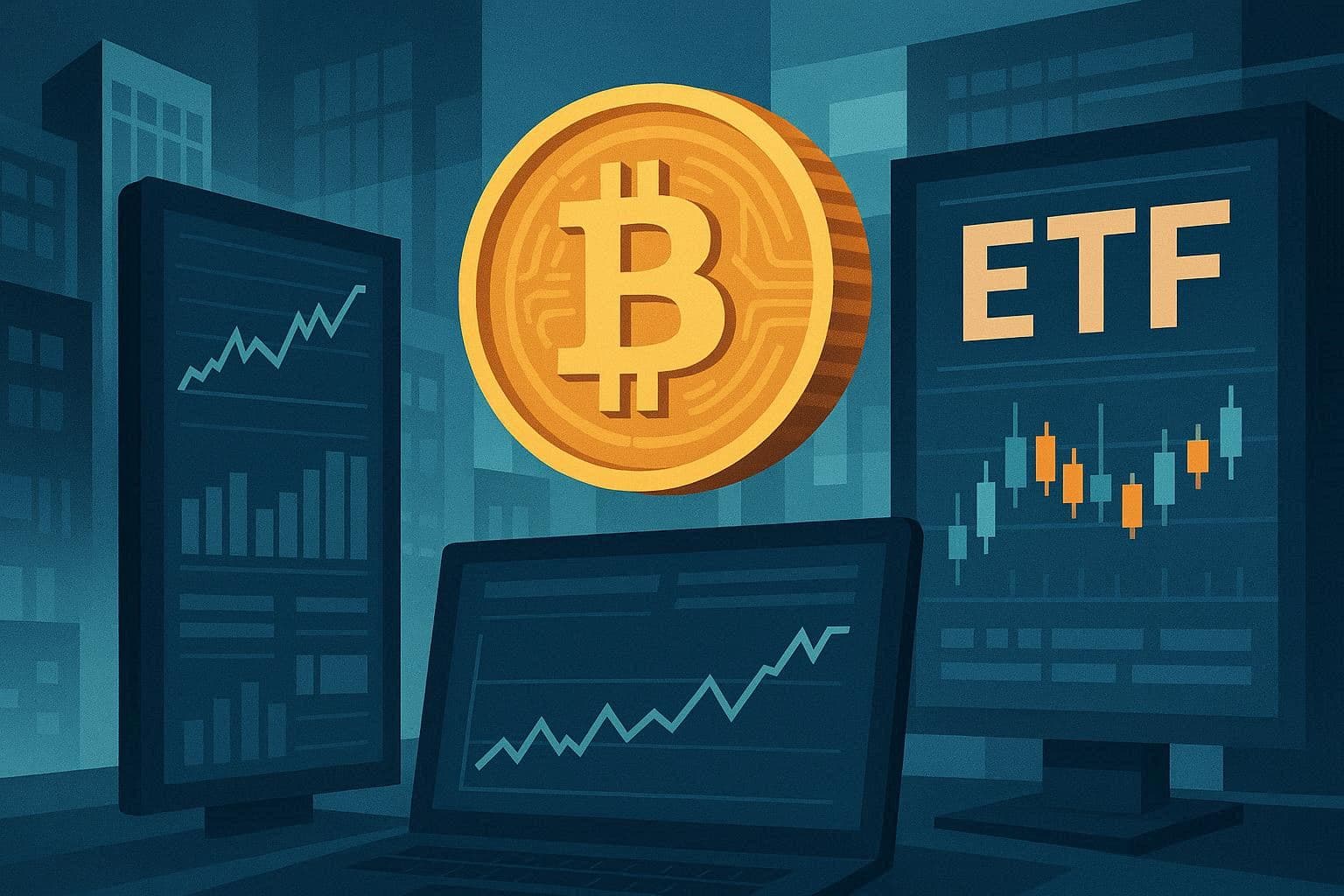 AI-generated editorial illustration of Bitcoin ETF interest and institutional crypto finance