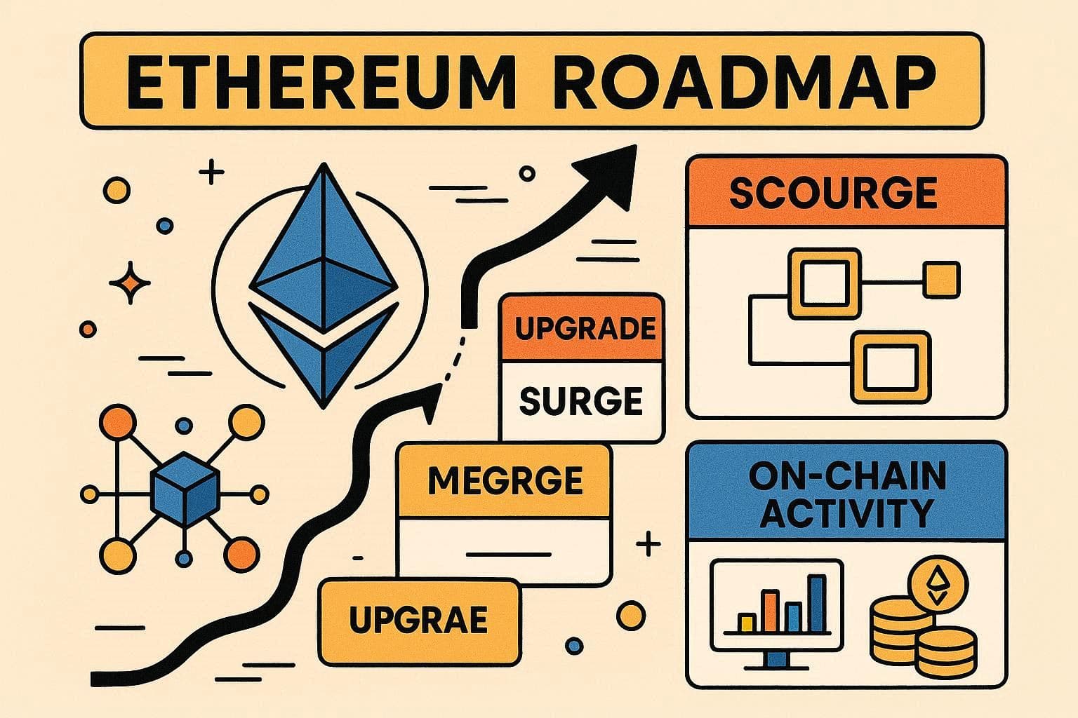 AI-generated editorial illustration of Ethereum roadmap upgrades, Layer 2 networks, and onchain activity