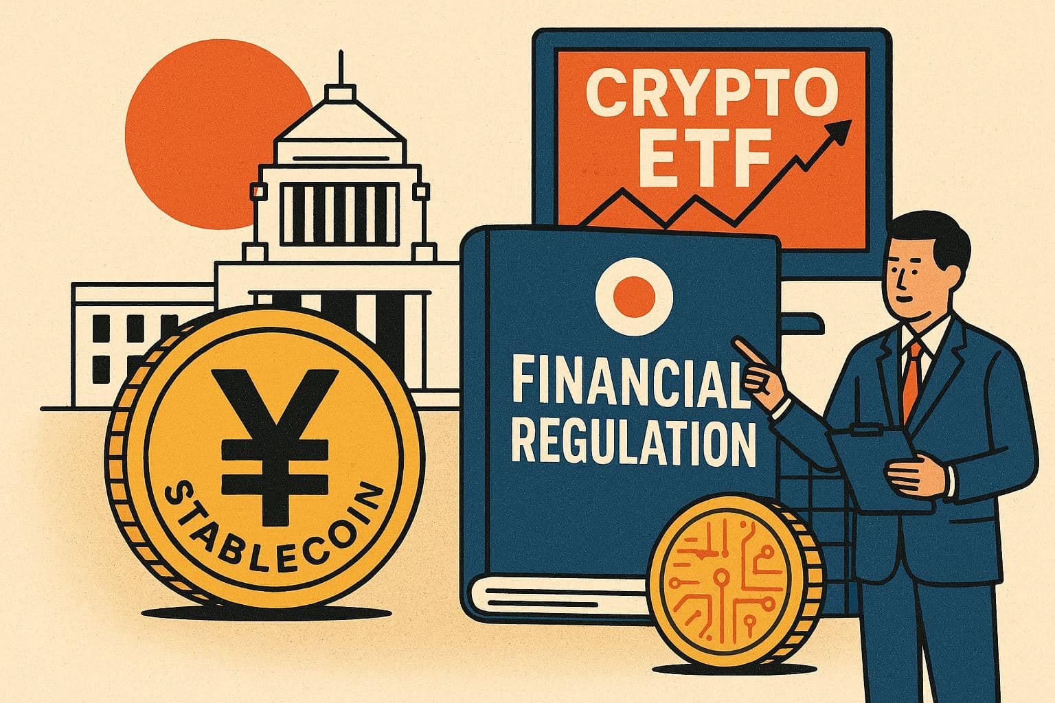 AI-generated editorial illustration of yen stablecoins, Japanese financial regulation, and crypto ETFs