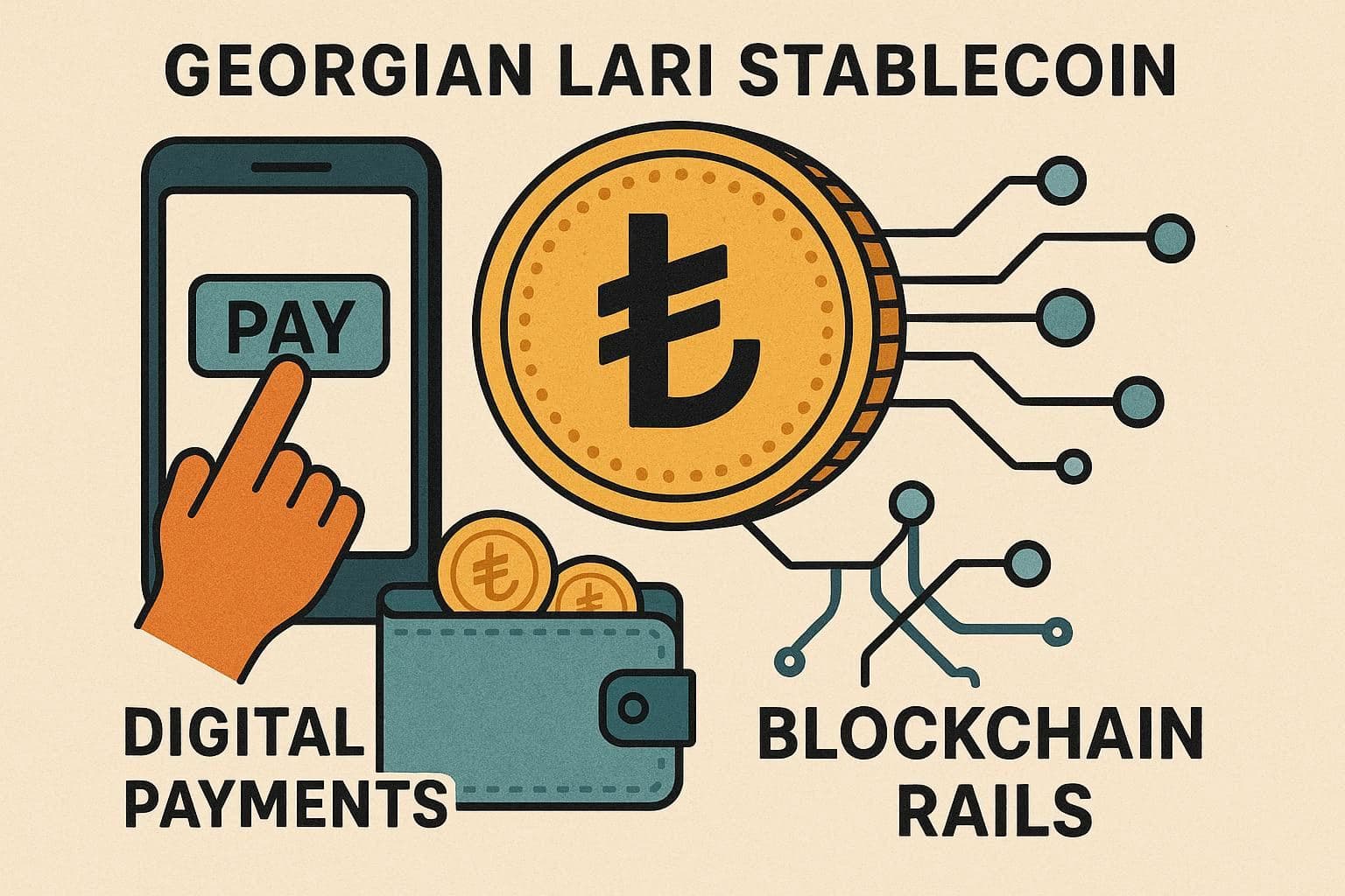 AI-generated editorial illustration of a Georgian lari stablecoin, digital payments, and blockchain rails