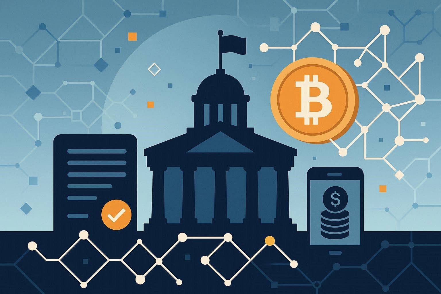 AI-generated editorial illustration of cryptocurrency regulation and digital asset policy