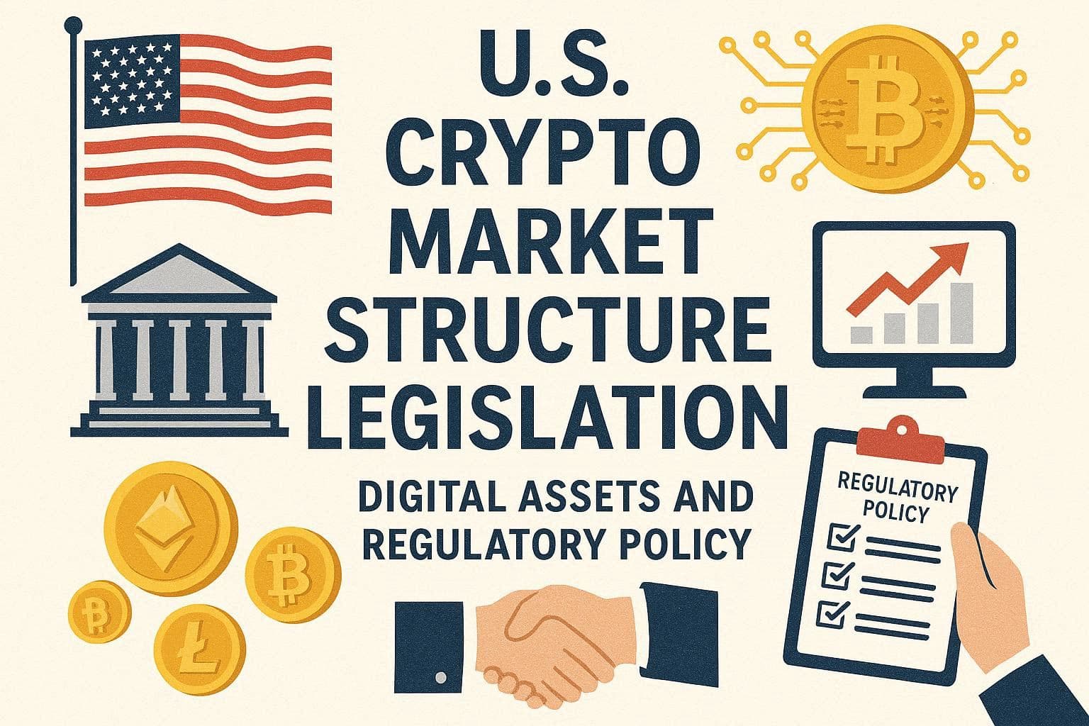 AI-generated editorial illustration of U.S. crypto market structure legislation, digital assets, and regulatory policy